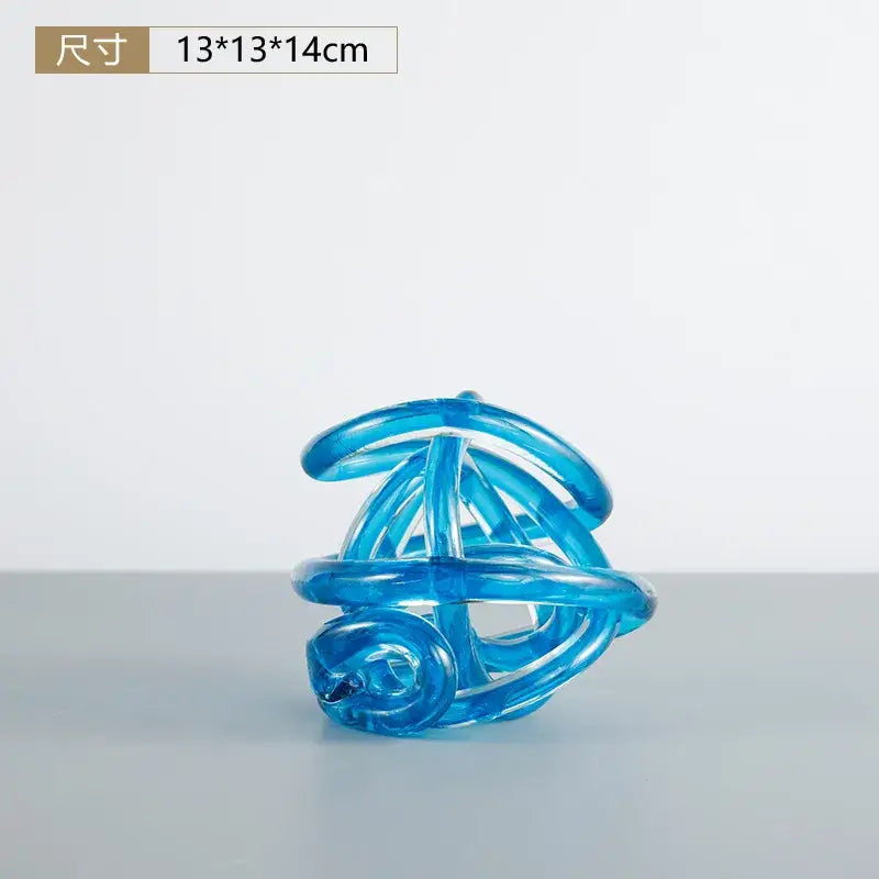 Modern blue amber and gray glass coil ball decorative figurine with translucent curved tubes for living room decor