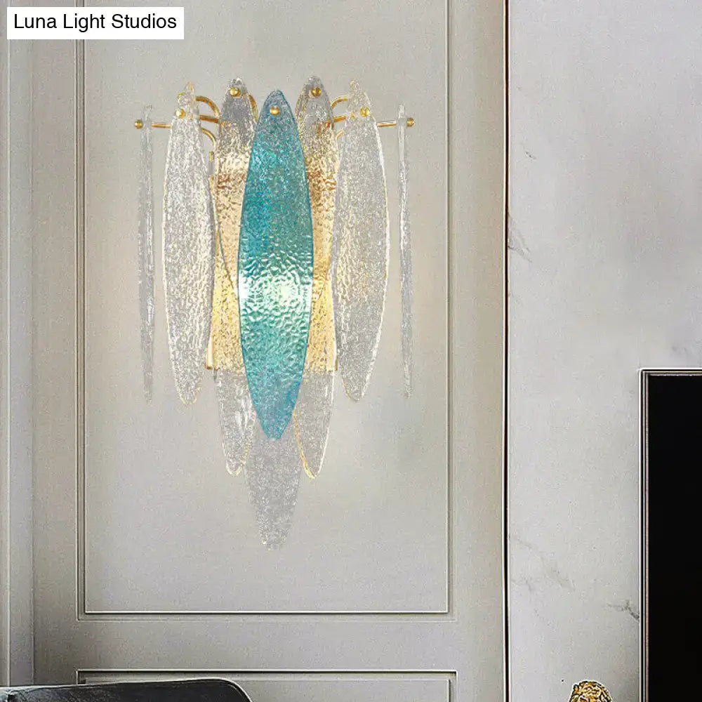 Modern blue and amber glass wall lamp with teal panel and gold accents designed for 110v-120v 220v-240v led use