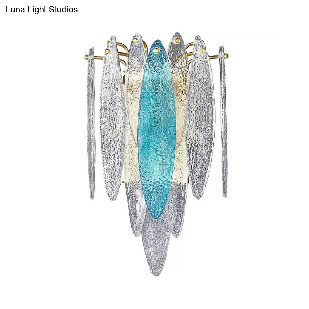 Modern blue and amber glass fish wall lamp with layered textured glass panels and gold frame compatible with led incandescent fluorescent bulbs 110v-120v 220v-240v