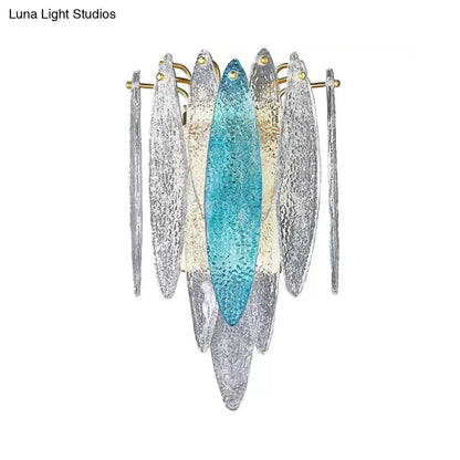 Modern blue and amber glass fish wall lamp with layered textured glass panels and gold frame compatible with led incandescent fluorescent bulbs 110v-120v 220v-240v