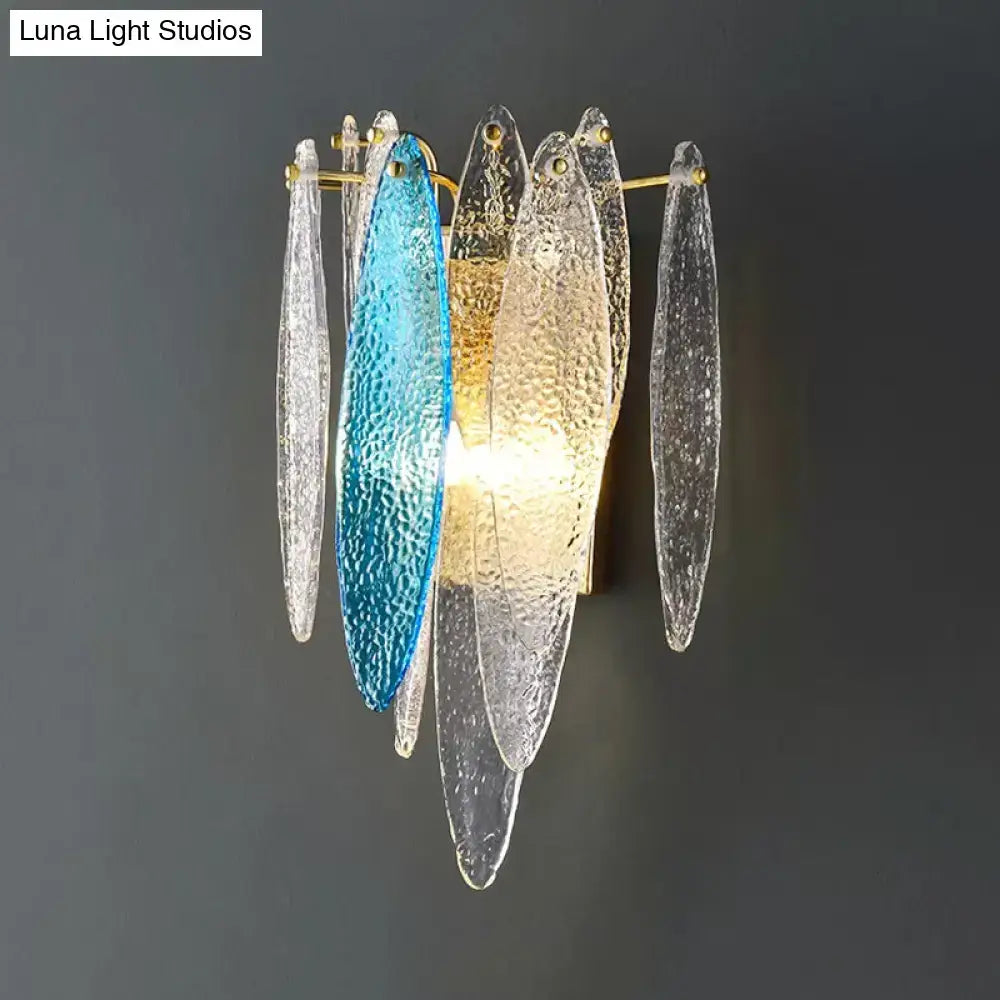 Modern blue and amber glass fish wall lamp with translucent textured panels and gold frame led sconce 110v-120v 220v-240v