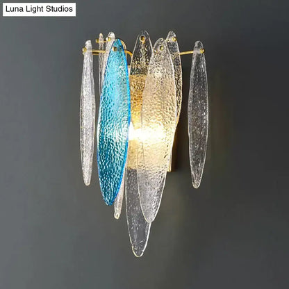 Modern blue and amber glass fish wall lamp with translucent textured panels and gold frame led sconce 110v-120v 220v-240v