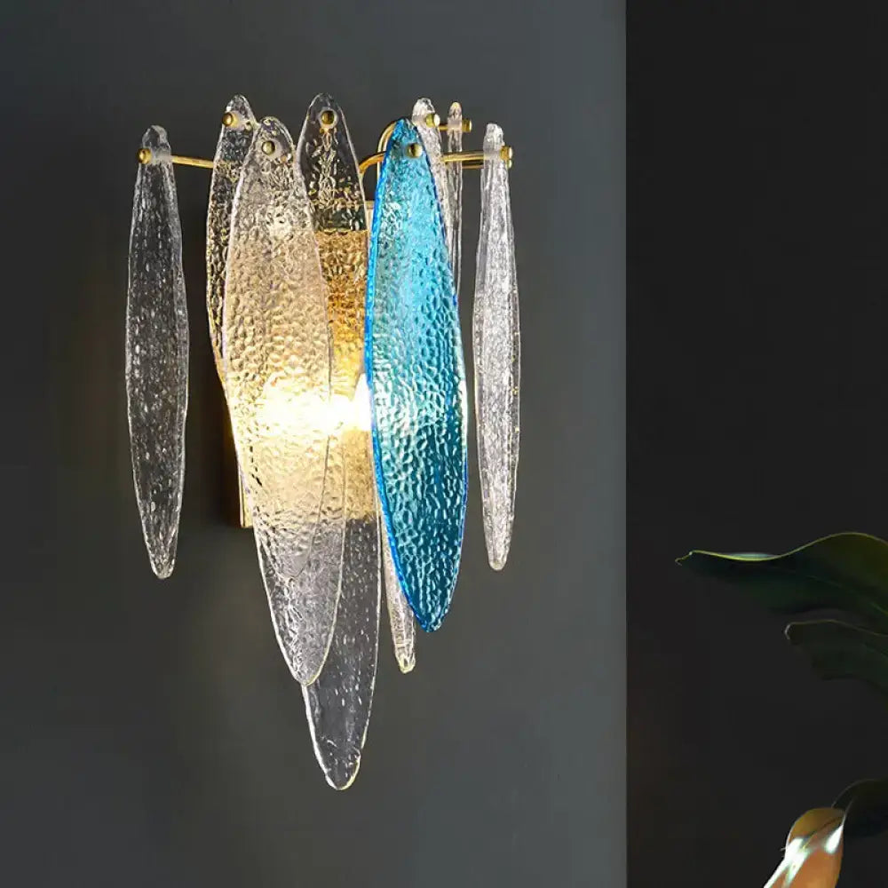 Modern blue and amber glass fish wall lamp with led incandescent fluorescent compatibility and gold-toned frame 110v-120v 220v-240v
