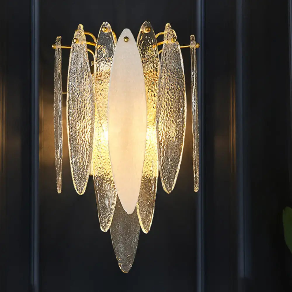 Gold-toned modern wall lamp with textured translucent glass panels in blue and amber fish design compatible with led incandescent fluorescent 110v-120v 220v-240v