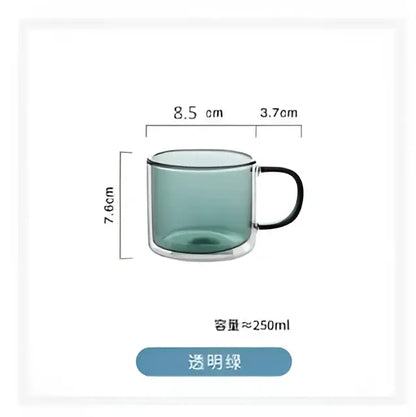 Modern blue amber and green glass mugs set featuring a transparent green double-walled glass mug with black handle