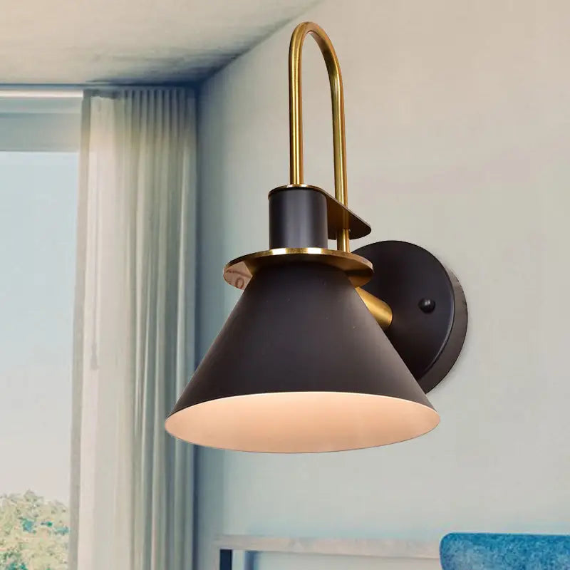 Modern black conical wall sconce with brass accents and warm glow compatible with e26 e27 bulbs for bedroom lighting