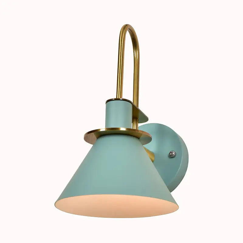 A sleek mint green conical wall sconce with brass curved arm for modern blue and brass e26 e27 bedroom lighting