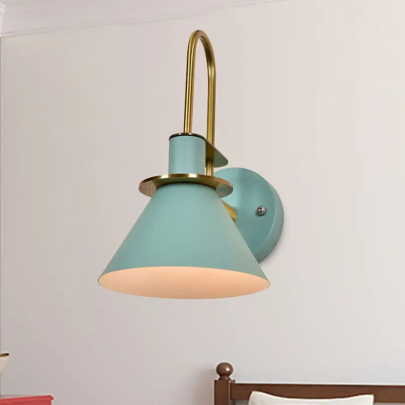 Modern blue and brass pyramid wall sconce with teal lamp e26 e27 socket for bedroom lighting