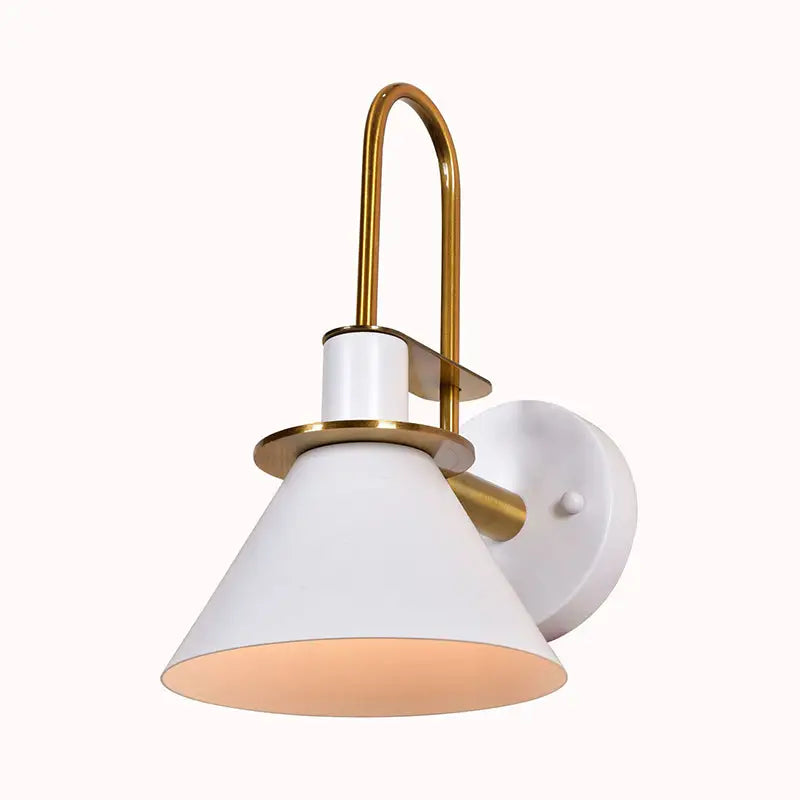 White conical modern wall sconce with brass arched arm and circular backplate compatible with e26 e27 bulbs