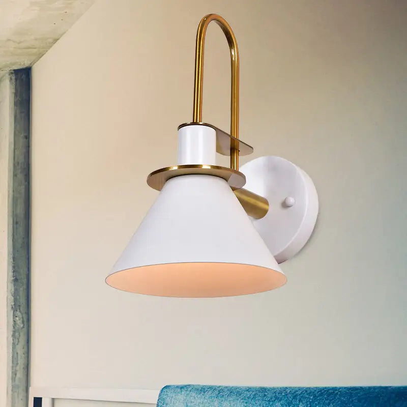 Modern blue and brass pyramid wall sconce with white conical shade and brass arm for e26 e27 bedroom lighting