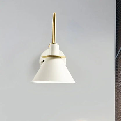 White conical wall sconce with gold-toned metal accents modern blue and brass pyramid design e26 e27 lighting