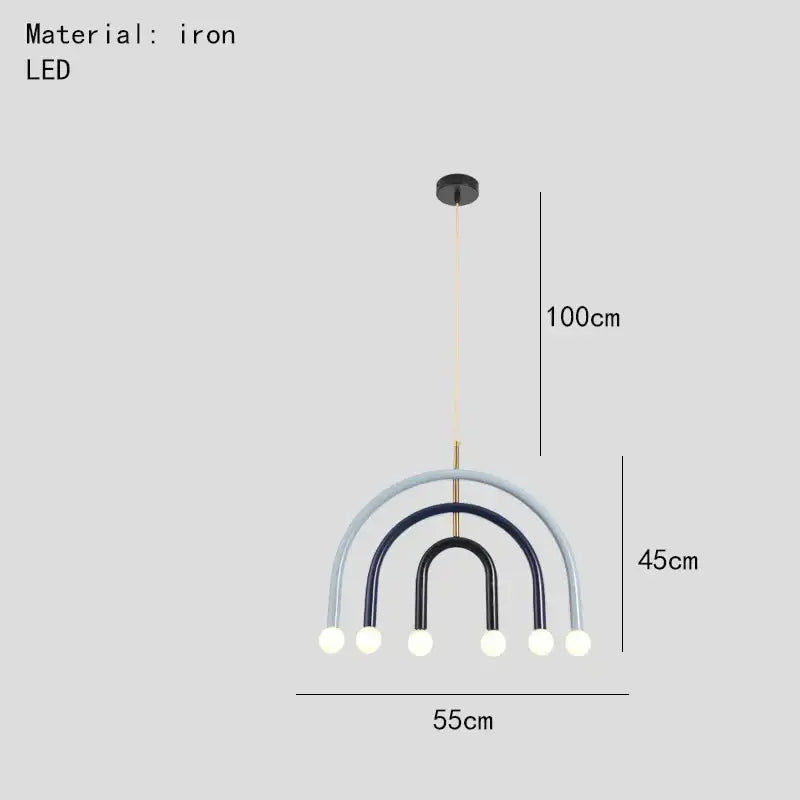 Modern blue and wood pendant lamp with colorful metal arched arms and white LED bulbs for dining room decorbites colorful metal