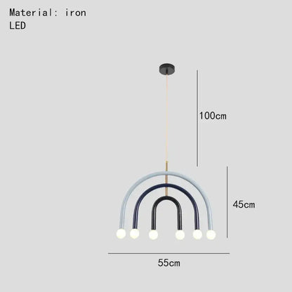 Modern blue and wood pendant lamp with colorful metal arched arms and white LED bulbs for dining room decorbites colorful metal