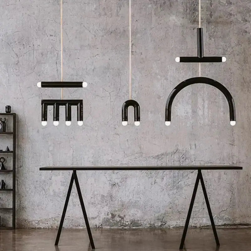 Modern blue and wood pendant lamp with black minimalist geometric pendant lights and white spherical bulbs for dining room decorbites colorful metal