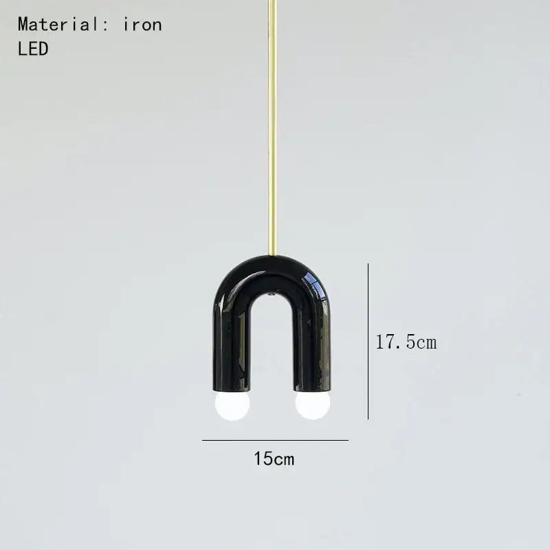 Modern blue and wood pendant lamp featuring a black u-shaped iron pendant lamp with two white led bulbs for dining room decorbites colorful metal