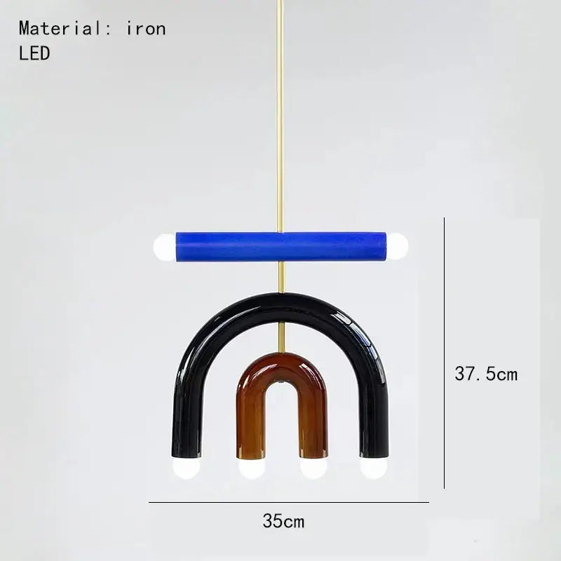 Modern blue and wood pendant lamp with colorful metal geometric glass arc design suspended by an iron rod for dining room decorbites colorful metal