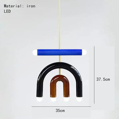 Modern blue and wood pendant lamp with colorful metal geometric glass arc design suspended by an iron rod for dining room decorbites colorful metal