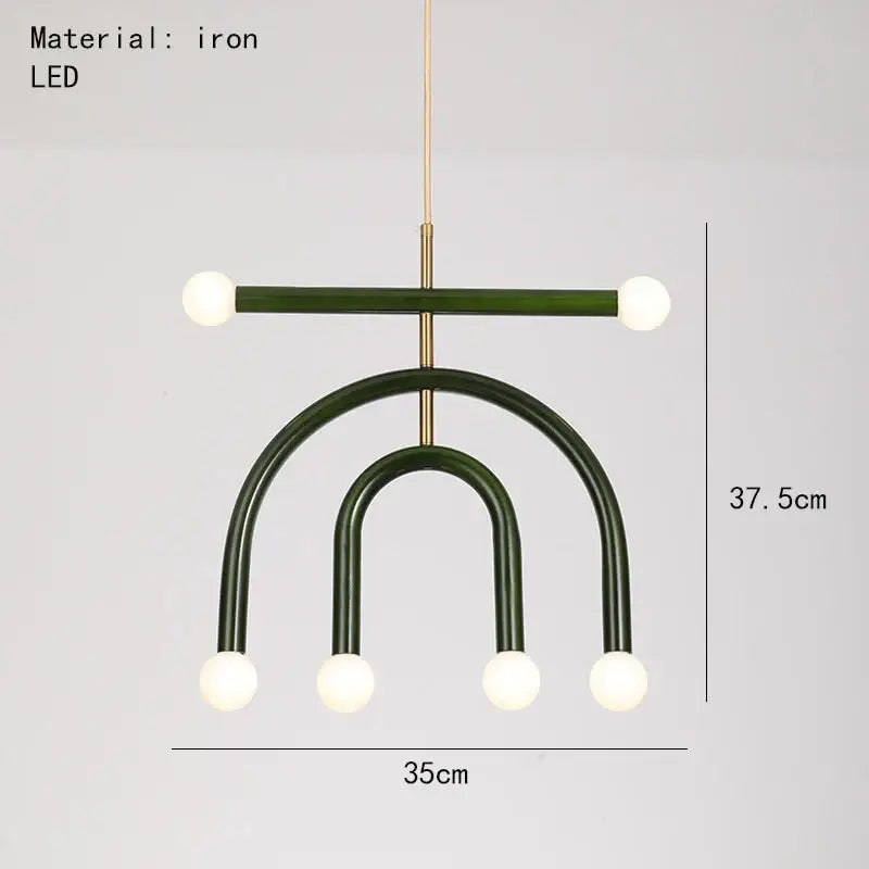 Modern green iron pendant lamp with four spherical led bulbs and arching minimalist design for dining room decorbites colorful metal