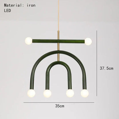 Modern green iron pendant lamp with four spherical led bulbs and arching minimalist design for dining room decorbites colorful metal
