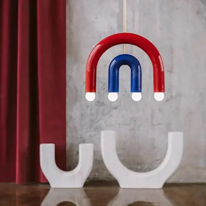 A modern blue and wood pendant lamp with a colorful metal u-shaped red and blue design for dining room decorbites colorful metal