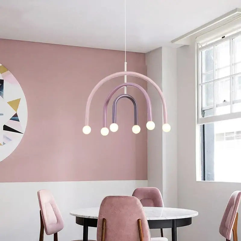 Modern blue and wood pendant lamp featuring pastel pink and lavender colorful metal arched design for dining room decorbites colorful metal