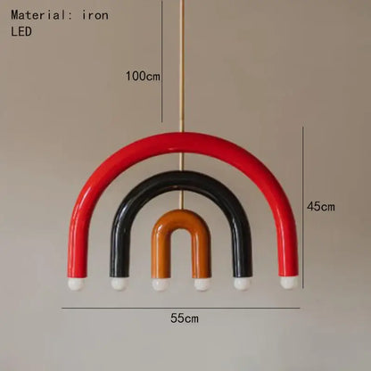 Modern blue and wood pendant lamp featuring a colorful metal rainbow design in red black and orange for dining room decorbites colorful metal
