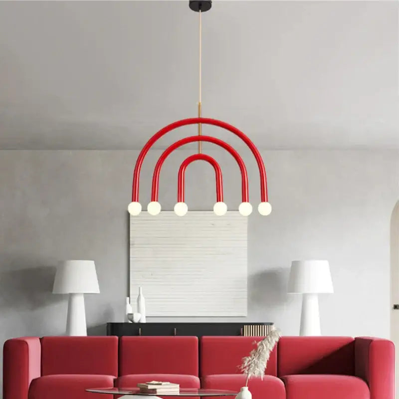 Modern blue and wood pendant lamp with red arched pendant light and six spherical bulbs for dining room decorbites colorful metal