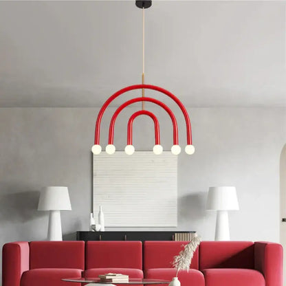 Modern blue and wood pendant lamp with red arched pendant light and six spherical bulbs for dining room decorbites colorful metal