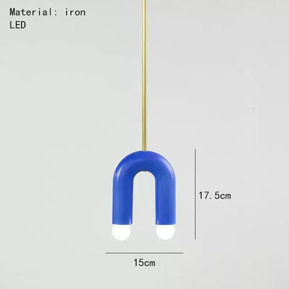 Modern blue and wood pendant lamp with colorful metal u-shaped design and two white led bulbs for dining room decorbites colorful metal