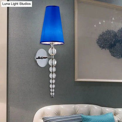 Modern blue and chrome crystal bead sconce light with vibrant blue conical shade for 220v-240v 110v-120v living room use