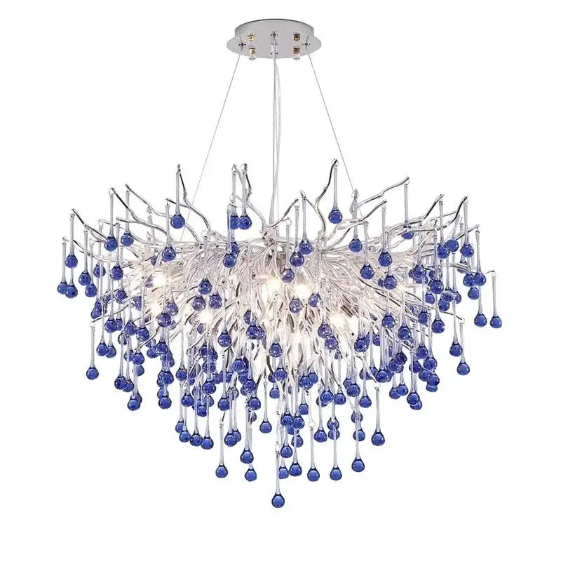 Modern blue decorbites chrome crystal chandelier with clear glass branches and blue teardrop pendants for dining room decor