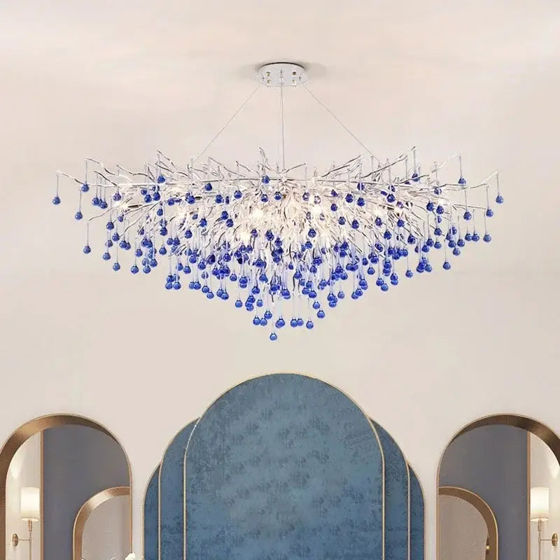 Modern blue chrome crystal chandelier with silver metallic frame and dangling beads for dining room decorbites chrome crystal