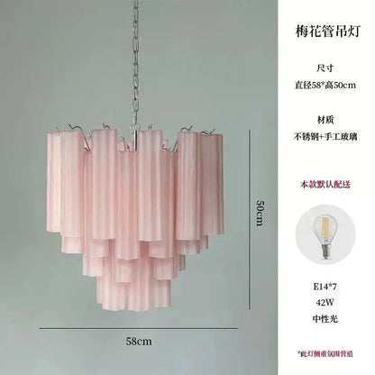 Modern blue and clear colorized glass led chandelier with pink tiered frosted glass tubes and stainless steel chain decorbites colorized glass