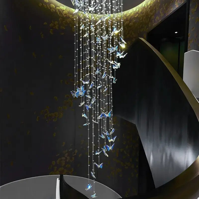 Modern blue and clear crystal butterfly rotating chandelier with translucent butterfly crystals and golden fixture for living room decorbites crystal butterfly