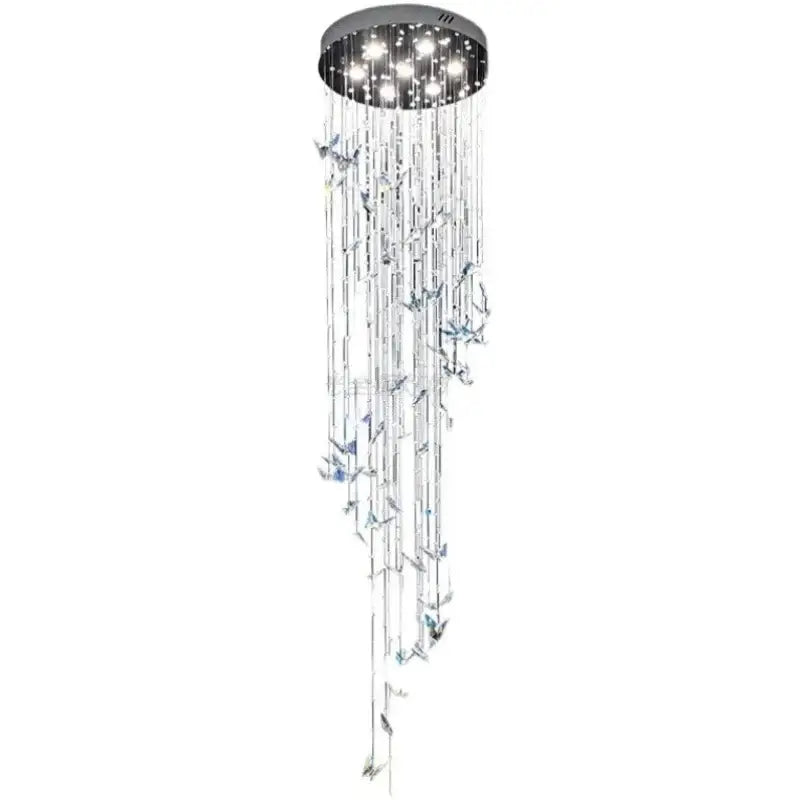 Modern blue and clear crystal butterfly rotating chandelier with chrome fixture and blue-tinted decorbites crystal butterfly strands for living room decor