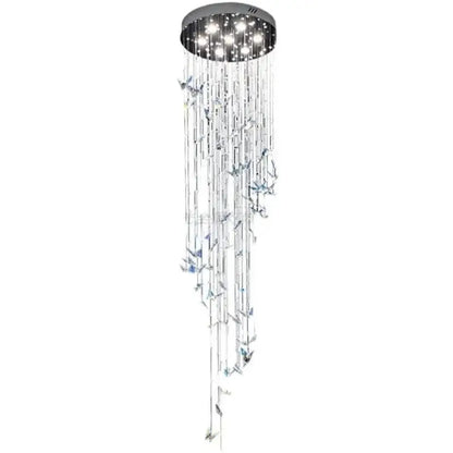 Modern blue and clear crystal butterfly rotating chandelier with chrome fixture and blue-tinted decorbites crystal butterfly strands for living room decor