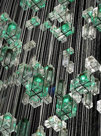 Modern blue and clear crystal cube pendant light with emerald green and clear glass cubes for living room decorbites crystal cube