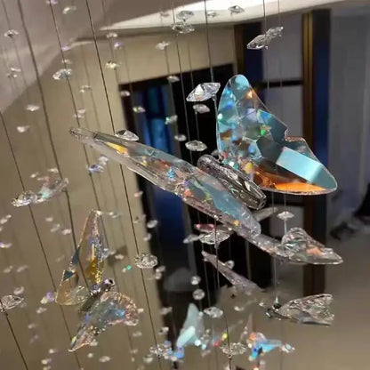 Modern blue and clear decorbites crystal staircase chandelier with iridescent butterfly ornaments for living room decor