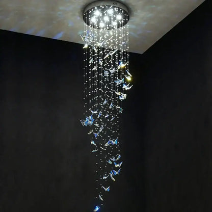 Modern blue and clear crystal staircase chandelier by decorbites with butterfly ornaments and bright led lights for living room decor