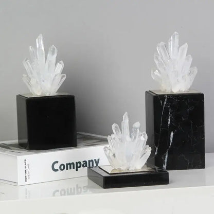 Clear quartz crystal flower cluster on sleek black marble base decorbites crystal flower sculpture for living room decor