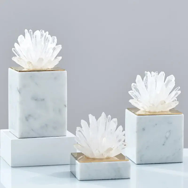 White quartz crystal flower marble sculpture with gold accents on square marble base for modern living room decorbites decorbites crystal flower