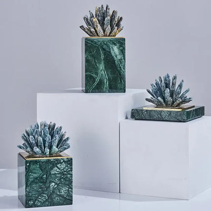 Modern blue crystal flower marble base sculpture with gold-trimmed green marble base for elegant living room decorbites decor