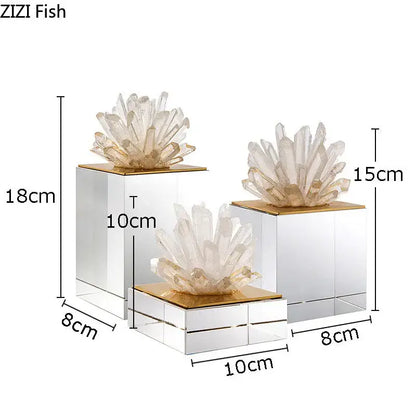 Set of three blue zizi fish crystal flower decorbites crystal flower marble cluster boxes with gold tops on marble base