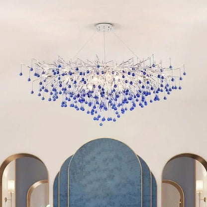 Modern blue crystal led pendant light with silver metallic frame and dangling blue glass beads for living room decorbites blue crystal