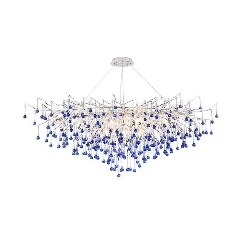 Modern blue crystal led pendant light with chrome finish and cascading blue glass beads for living room decorbites blue crystal
