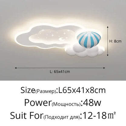 Modern blue decorbites cloud airplane chandelier featuring a whimsical cloud light with stars moon and striped balloon