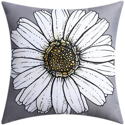 Modern blue floral cushion cover in gray featuring a stylized white daisy for living room decorbites blue floral decor