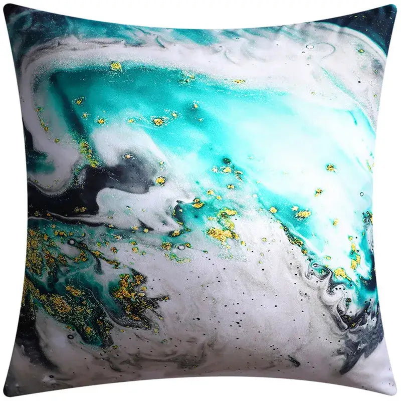 Square cushion cover with vibrant teal white and black marbled design and golden flecks for decorbites blue floral decor