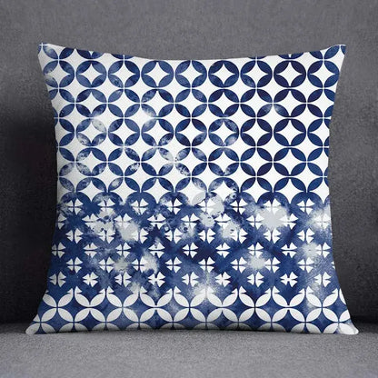 Modern blue geometric floral design pillowcase featuring a blue and white tie-dye gradient pattern for living room decor