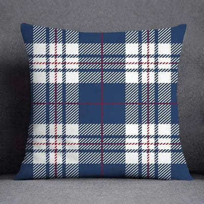 Modern blue geometric floral design throw pillow with blue white and red plaid diagonal stripes for living room use